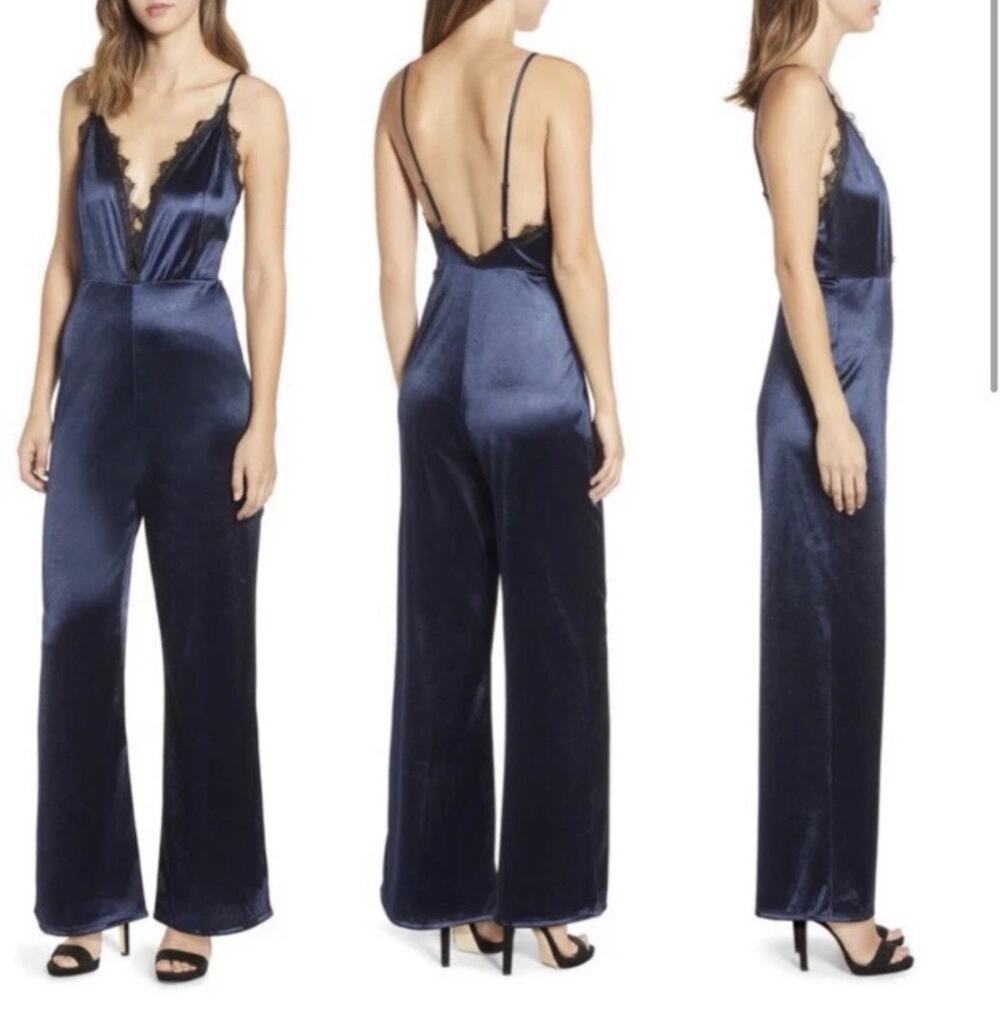 Leith Silky Navy Black Lace Slip Plunge Neck Backless Romantic Jumpsuit Size XL